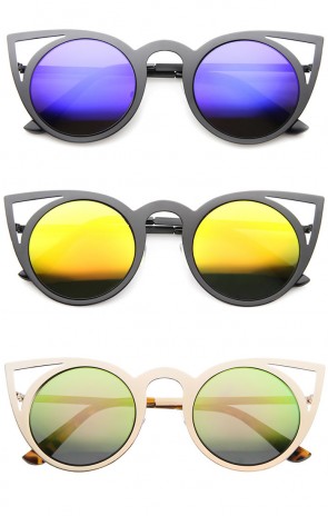 Womens Fashion Round Metal Cut-Out Flash Mirror Lens Cat Eye Sunglasses