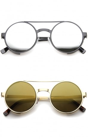 Retro Side Cover Crossbar Reflective Color Mirror Lens Round Sunglasses 49mm
