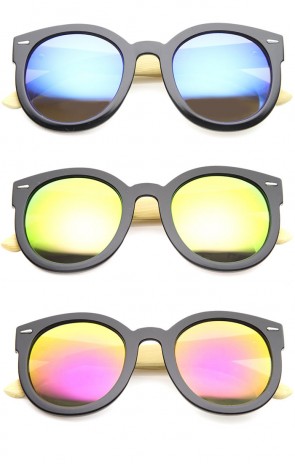 Eco-Friendly Real Bamboo Temples Mirrored Lens Round Sunglasses 53mm