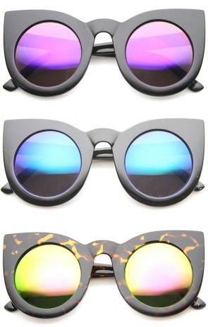 Womens Bold High Point Color Mirror Lens Oversize Cat Eye Sunglasses 48mm