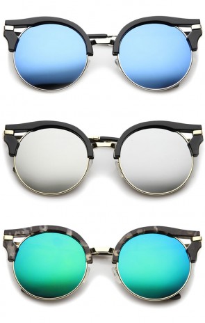 Round Half-Frame Cutout Color Mirror Flat Lens Cat Eye Sunglasses 56mm