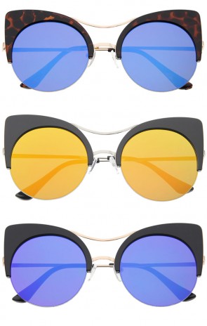 Womens Oversized Half Frame Semi-Rimless Flat Lens Round Cat Eye Sunglasses 60mm