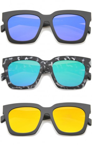 Retro Matte Horn Rimmed Colored Mirror Flat Lens Oversize Square Sunglasses 54mm