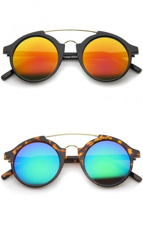 Modern Metal Brow Bar Iridescent Colored Mirror Round Sunglasses 46mm