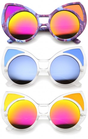 Women's Oversize Colored Frame Mirror Lens Cat Eye Sunglasses 52mm