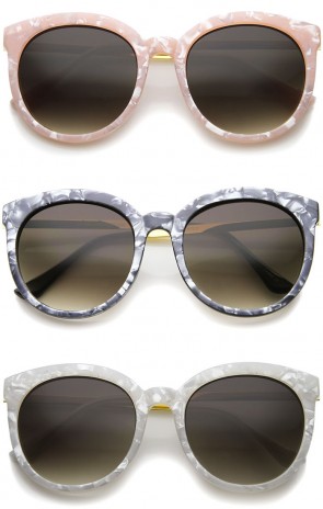 Womens High Fashion Oversized Marble Finish Metal Temple Round Sunglasses