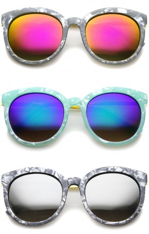 Womens Oversized Marble Finish Metal Temple Mirrored Lens Round Sunglasses