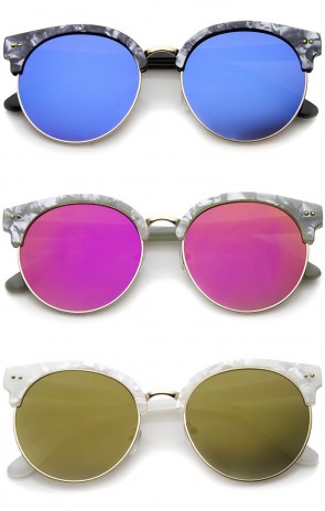 Womens Half-Frame Marble Finish Moon Cut Color Mirrored Lens Round Sunglasses