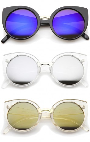 Women's Fashion Round Iridescent Mirror Lens Cat Eye Sunglasses 55mm