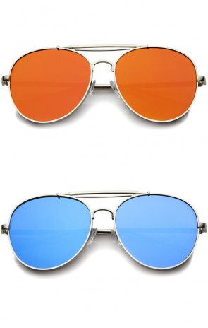 Bold Metal Full Metal Side Cover Frame Crossbar Mirrored Flat Lens Aviator Sunglasses