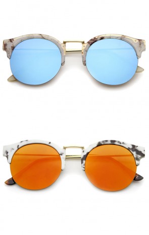 Women's Semi-Rimless Printed Frame Color Mirror Lens Round Sunglasses 53mm