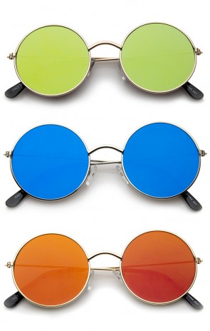 Lennon Style Full Metal Frame Iridescent Mirror Flat Lens Round Sunglasses 48mm