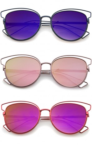 Womens Fashion Open Metal Frame Iridescent Lens Cat Eye Sunglasses 55mm