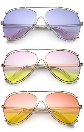 Modern Metal Border Frame Crossbar Colorful Gradient Lens Aviator Sunglasses 59mm
