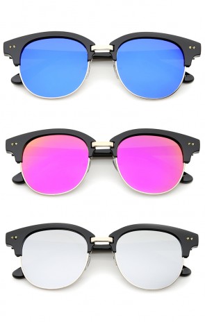 Bold Metal Nose Bridge Color Mirror Lens Round Half-Frame Sunglasses 52mm