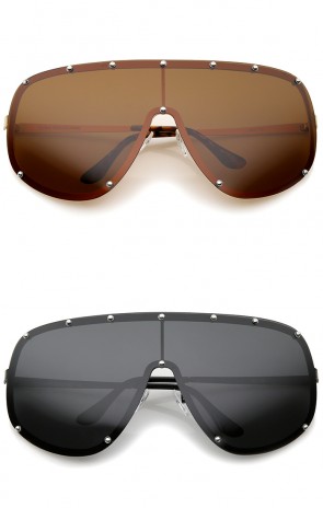 Oversize Flat Top Riveted Rimless Polarized Mono Lens Shield Sunglasses 80mm