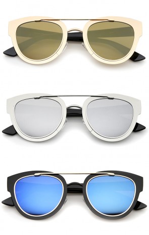 Modern Thin Metal Frame Crossbar Round Lens Horn Rimmed Sunglasses 49mm