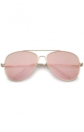 Large Metal Rose Gold Frame Pink Mirror Flat Lens Aviator Sunglasses 60mm