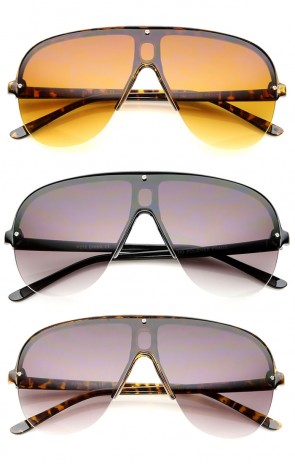 Oversize Flat Top Semi-Rimless Frame Shield Aviator Sunglasses 70mm