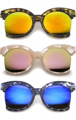 Womens Oversize Side Cut Marble Frame Iridescent Lens Cat Eye Sunglasses 59mm