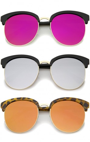 Womens Oversize Half-Frame Mirrored Flat Lens Round Sunglasses 68mm