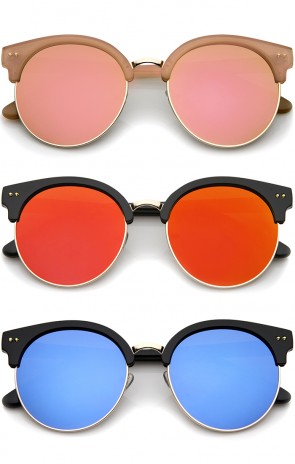 Womens Oversize Half Frame Color Mirror Flat Lens Round Sunglasses 55mm