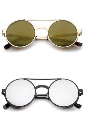 Retro Steampunk Side Cover Crossbar Metal Frame Round Sunglasses 49mm