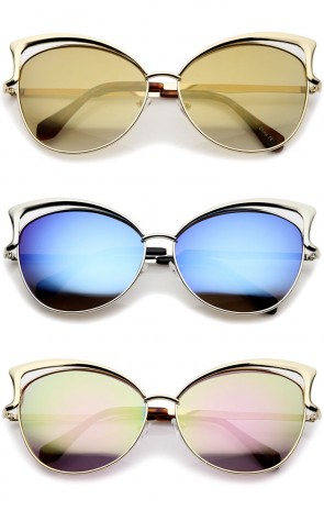 Women's Oversize Open Metal Frame Colored Mirror Lens Cat Eye Sunglasses 61mm