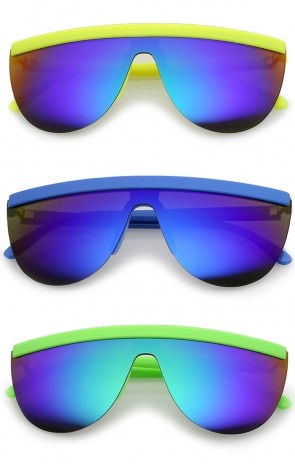 Futuristic Neon Semi-Rimless Flat Top Mirror Mono Lens Shield Sunglasses 65mm