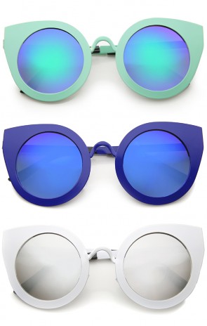 Women's Metal Frame Oversize Color Mirror Lens Round Cat Eye Sunglasses 47mm