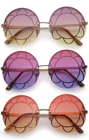 Women's Rimless Floral Frame Gradient Color Lens Oversize Round Sunglasses 59mm