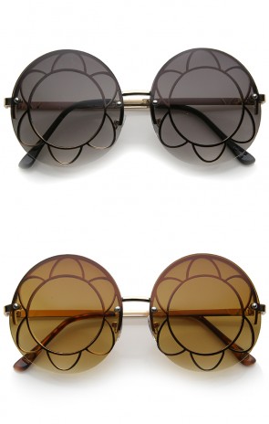 Women's Rimless Floral Frame Gradient Lens Oversize Round Sunglasses 59mm