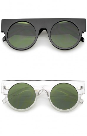 Futuristic Flat Top Wide Temple Flat Lens Round Sunglasses 47mm