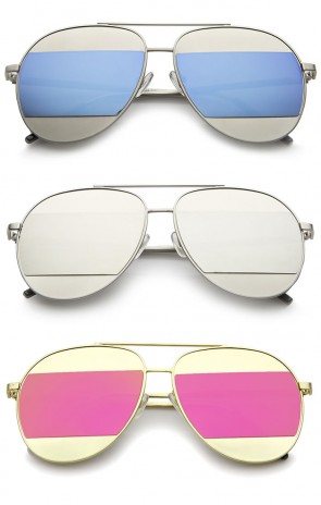 Two-Toned Matte Metal Brow Bar Color Split Mirror Lens Aviator Sunglasses 57mm