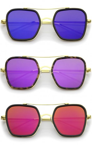 Modern Slim Temple Browbar Color Mirrored Flat Lens Square Sunglasses 52mm