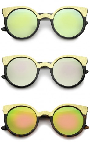 Women's Metallic Trim Frame Colored Mirror Round Cat Eye Sunglasses 49mm