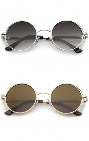 Retro Open Metal Frame Slim Temples Flat Lens Round Sunglasses 49mm