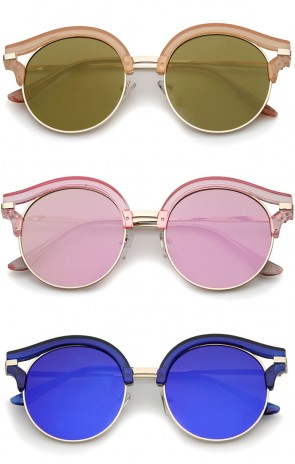Round Transparent Half-Frame Cutout Mirror Flat Lens Cat Eye Sunglasses 51mm
