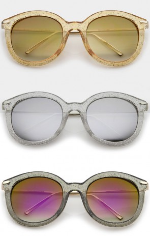 Women's Transparent Glitter Frame Ultra Slim Metal Temple Round Sunglasses 56mm