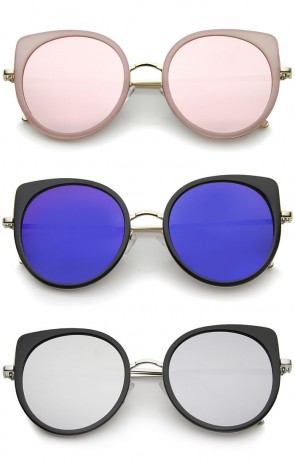Women's Slim Temples Colored Mirror Flat Lens Round Cat Eye Sunglasses 54mm