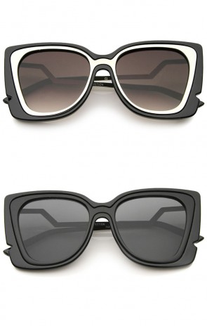 Oversize Notched Frame Zigzag Temple Flat Lens Cat Eye Sunglasses 51mm