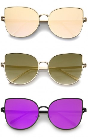 Oversize Slim Metal Frame Colored Mirror Flat Lens Cat Eye Sunglasses 58mm