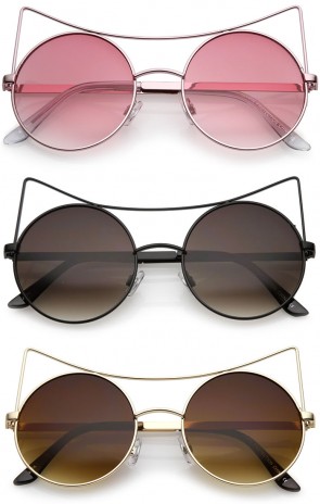 Women's Oversize Open Metal Gradient Round Flat Lens Cat Eye Sunglasses 54mm