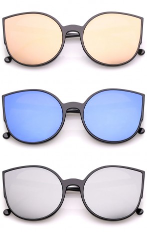 Women's Slim Arms Round Colored Mirror Flat Lens Cat Eye Sunglasses 56mm
