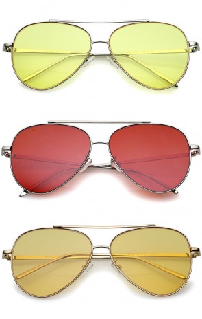 Retro Metal Frame Double Nose Bridge Color Flat Lens Aviator Sunglasses 60mm