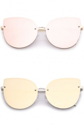 Women's Oversize Rimless Pink Colored Mirror Flat Lens Cat Eye Sunglasses 61mm