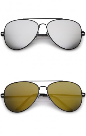 Classic Straight Metal Crossbar Slim Arms Teardrop Mirrored Flat Lens Aviator Sunglasses 59mm