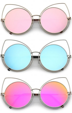 Oversize Statement Thin Metal Cutout Flat Mirrored Round Lens Cat Eye Sunglasses 58mm