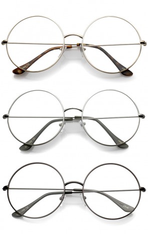 Classic Oversize Slim Metal Frame Clear Flat Lens Round Eyeglasses 56mm
