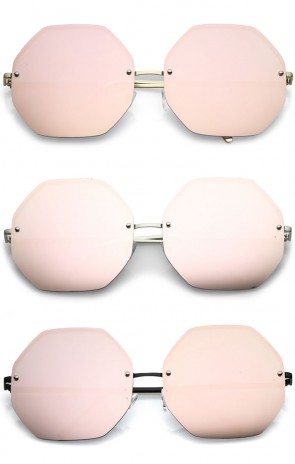 Women's Geometric Octagon Slim Arms Pink Mirrored Oversize Sunglasses 70mm